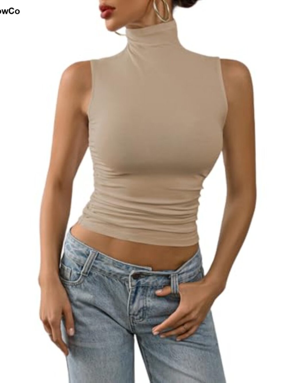 Mock Turtleneck Slim Fit Side Ruched Crop Tank Top - Sleeveless Y2K